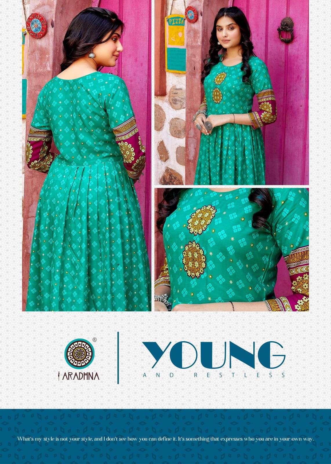 BANDHANI VOL 4 RAYON BANDHANI PRINT EMBROIDERY WORK LIVA TAG LONG GOWN KURTI BY ARADHNA BRAND 4009 C
